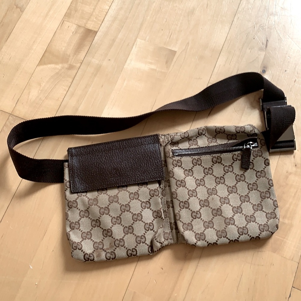 Authentic Gucci GG monogram double pocket belt bag
